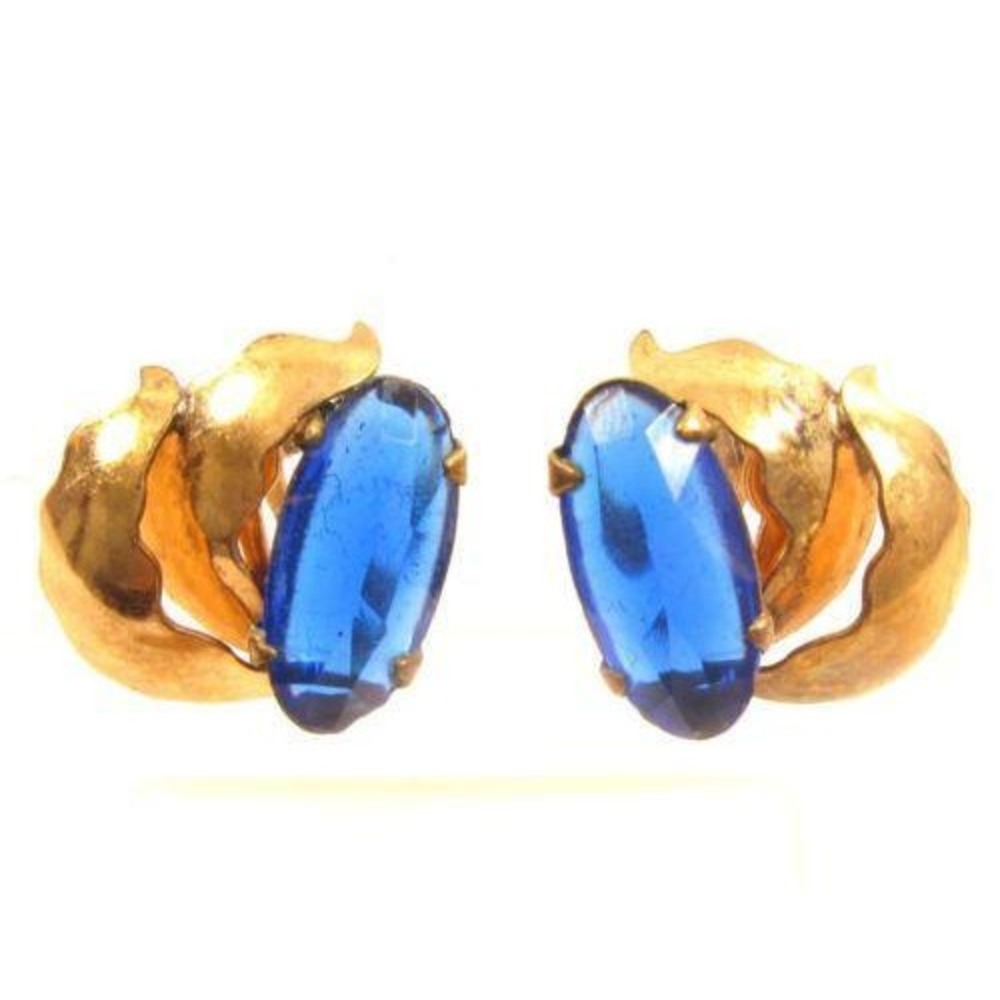 Vintage Blue Reverse Rhinestone 1/20 10K Gold Filled Screw Back Earrings